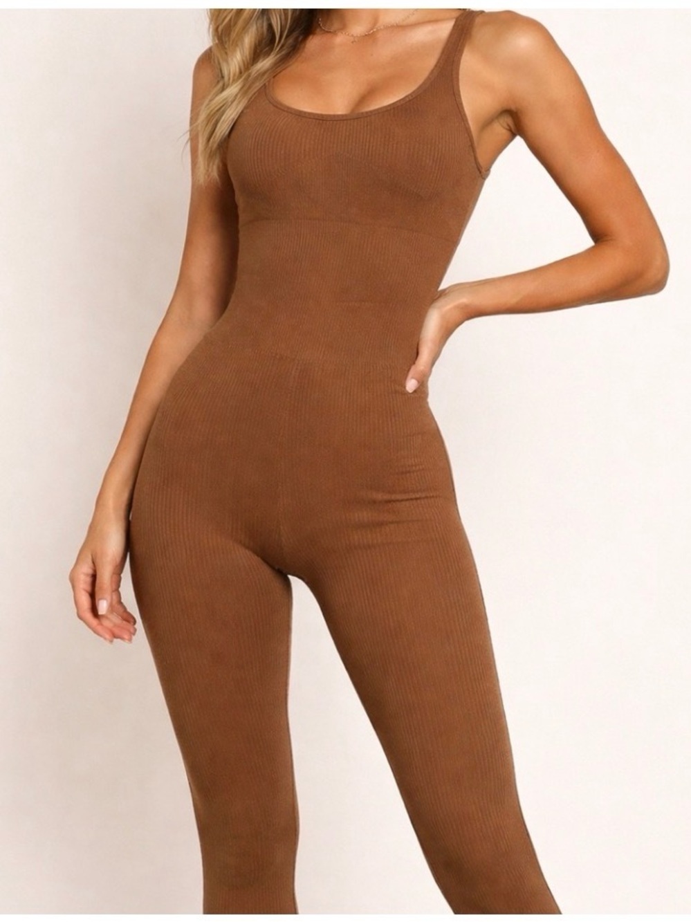OQQ Sleeveless Ribbed Jumpsuit in Warm Brown